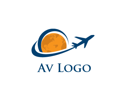 swoosh around moon with airplane travel logo