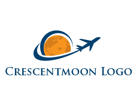 swoosh around moon with airplane travel logo