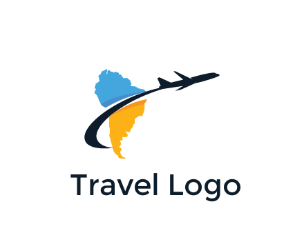 South America map with airplane travel logo 