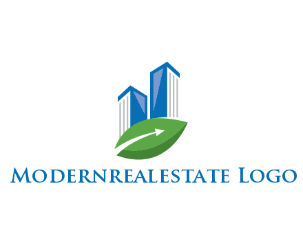 buildings with arrow in leaf real estate logo