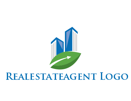 buildings with arrow in leaf real estate logo