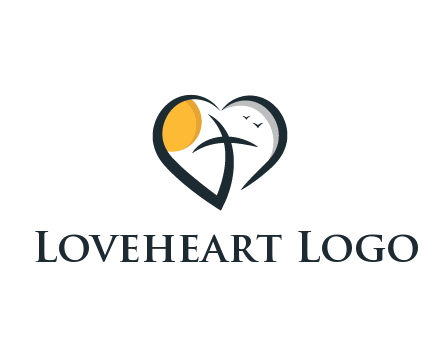 line art heart with palm tree and sun travel logo