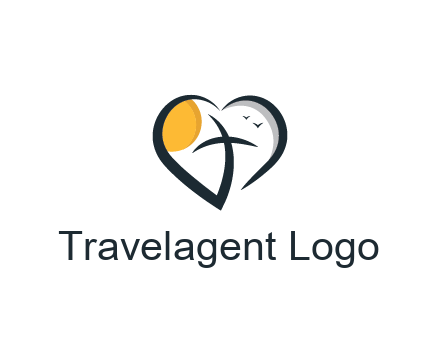 line art heart with palm tree and sun travel logo