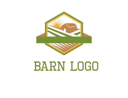 ribbon around sun and barn house with fields in hexagon farm logo