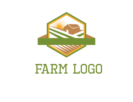 ribbon around sun and barn house with fields in hexagon farm logo