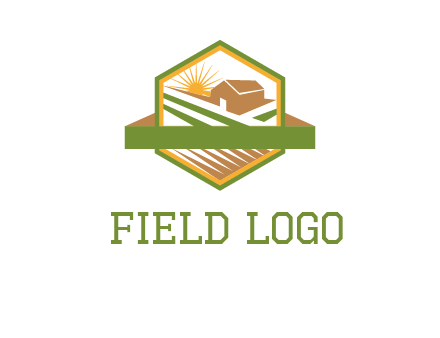 ribbon around sun and barn house with fields in hexagon farm logo