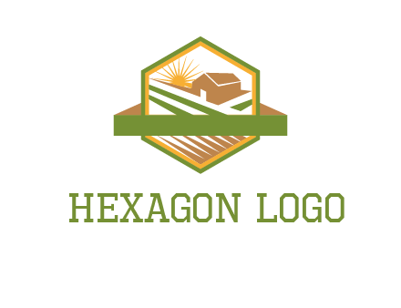 ribbon around sun and barn house with fields in hexagon farm logo