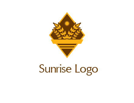 wheat stalks and sun in rhombus with ribbon agriculture logo