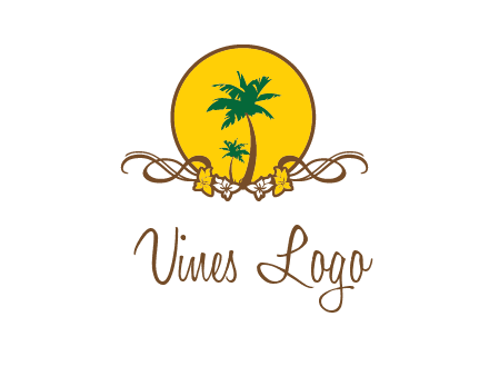 palm trees in circle with flowers and ribbons travel logo