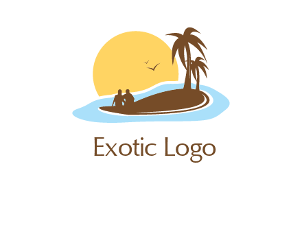 sun behind couple on island and palm trees travel logo