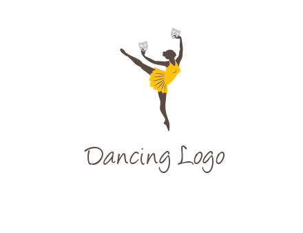 ballet dancer dancing on the floor with mask in hands logo