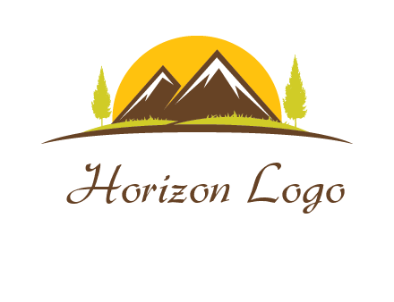 mountains with trees and sun travel logo