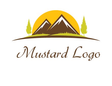 mountains with trees and sun travel logo