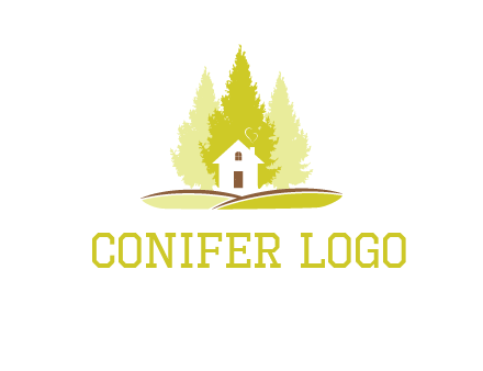 pine trees and house on hill logo