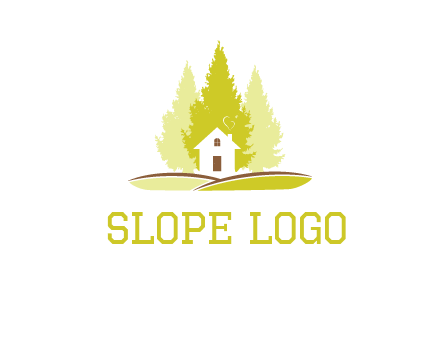 pine trees and house on hill logo