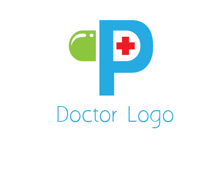 medical symbol is placed inside letter p with half capsule behind it