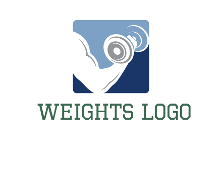 muscle arm with dumbbell in square logo icon