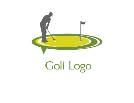 man playing golf on turf with flag logo