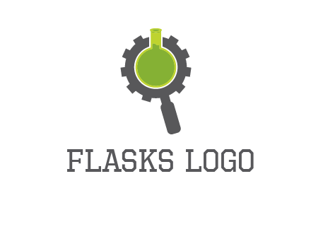 flask inside gear magnifying glass research engineering logo