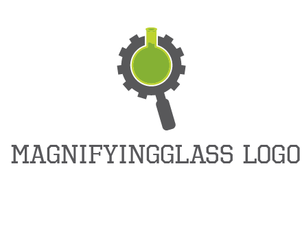 flask inside gear magnifying glass research engineering logo