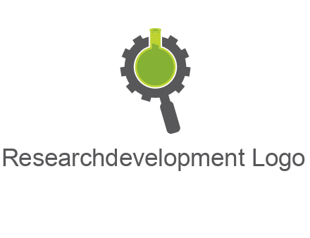 flask inside gear magnifying glass research engineering logo