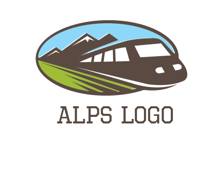 mountains and bullet train in oval illustration logo