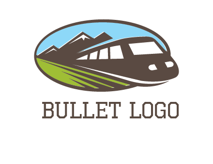 mountains and bullet train in oval illustration logo