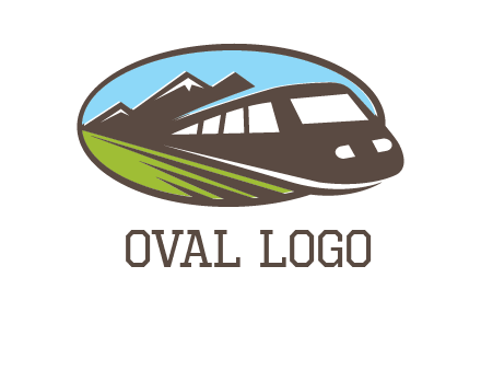 mountains and bullet train in oval illustration logo