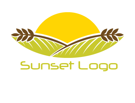 sunset over wheat stalks and farm logo