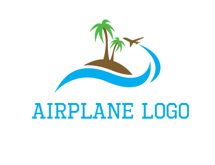 palm trees on island and airplane travel logo