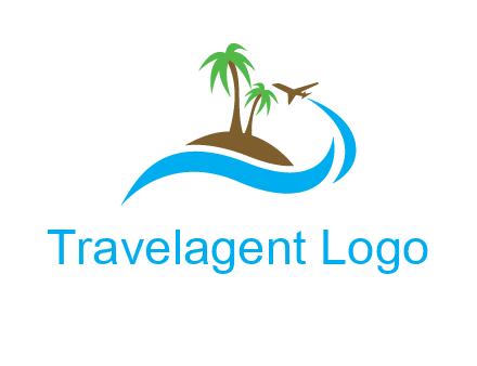 palm trees on island and airplane travel logo