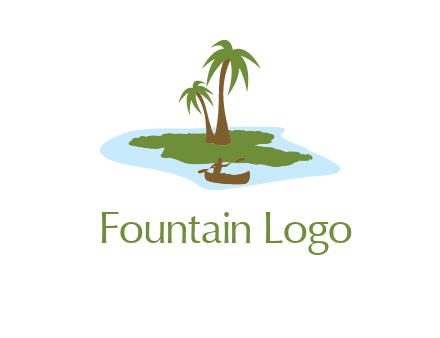 man rowing canoe to palm trees island illustration