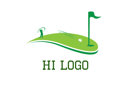 man standing on turf swinging golf club hits ball into hole illustration