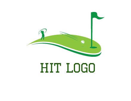 man standing on turf swinging golf club hits ball into hole illustration