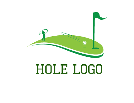 man standing on turf swinging golf club hits ball into hole illustration