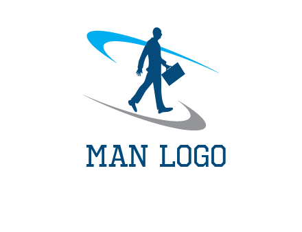 curved lines or crescents around the silhouette of a man holding a briefcase