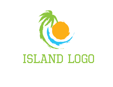 palm tree and wave curving around the sun logo