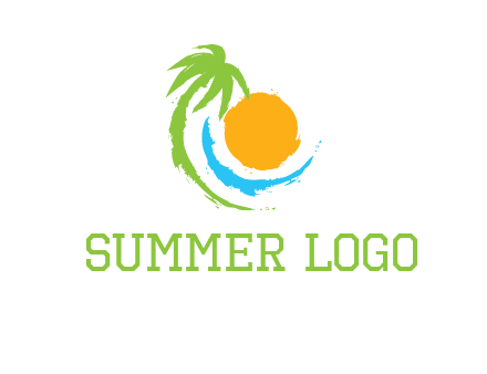 palm tree and wave curving around the sun logo