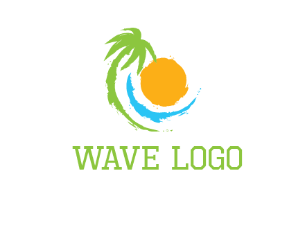 palm tree and wave curving around the sun logo