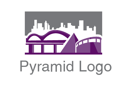 city skyline logo with skyscrapers, a pyramid and rail road bridge