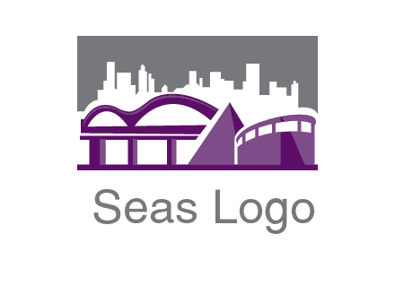 city skyline logo with skyscrapers, a pyramid and rail road bridge