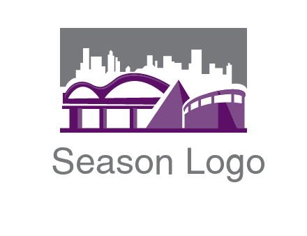 city skyline logo with skyscrapers, a pyramid and rail road bridge