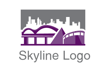 city skyline logo with skyscrapers, a pyramid and rail road bridge