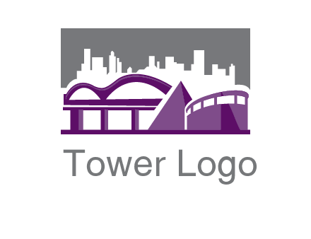 city skyline logo with skyscrapers, a pyramid and rail road bridge