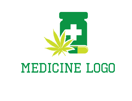 marijuana leaf, capsule and medicine jar logo