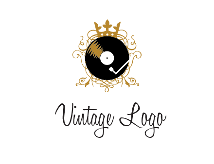 vinyl record with a crown and intricate patterns logo