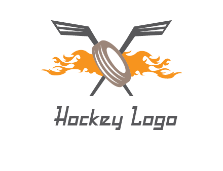 crossed hockey sticks and fire behind a tire logo