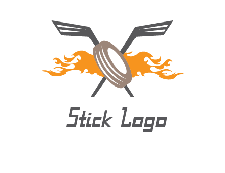 crossed hockey sticks and fire behind a tire logo