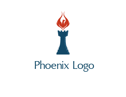 chess rook with phoenix flames logo