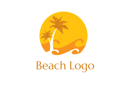 sun logo with palm trees and waves in front